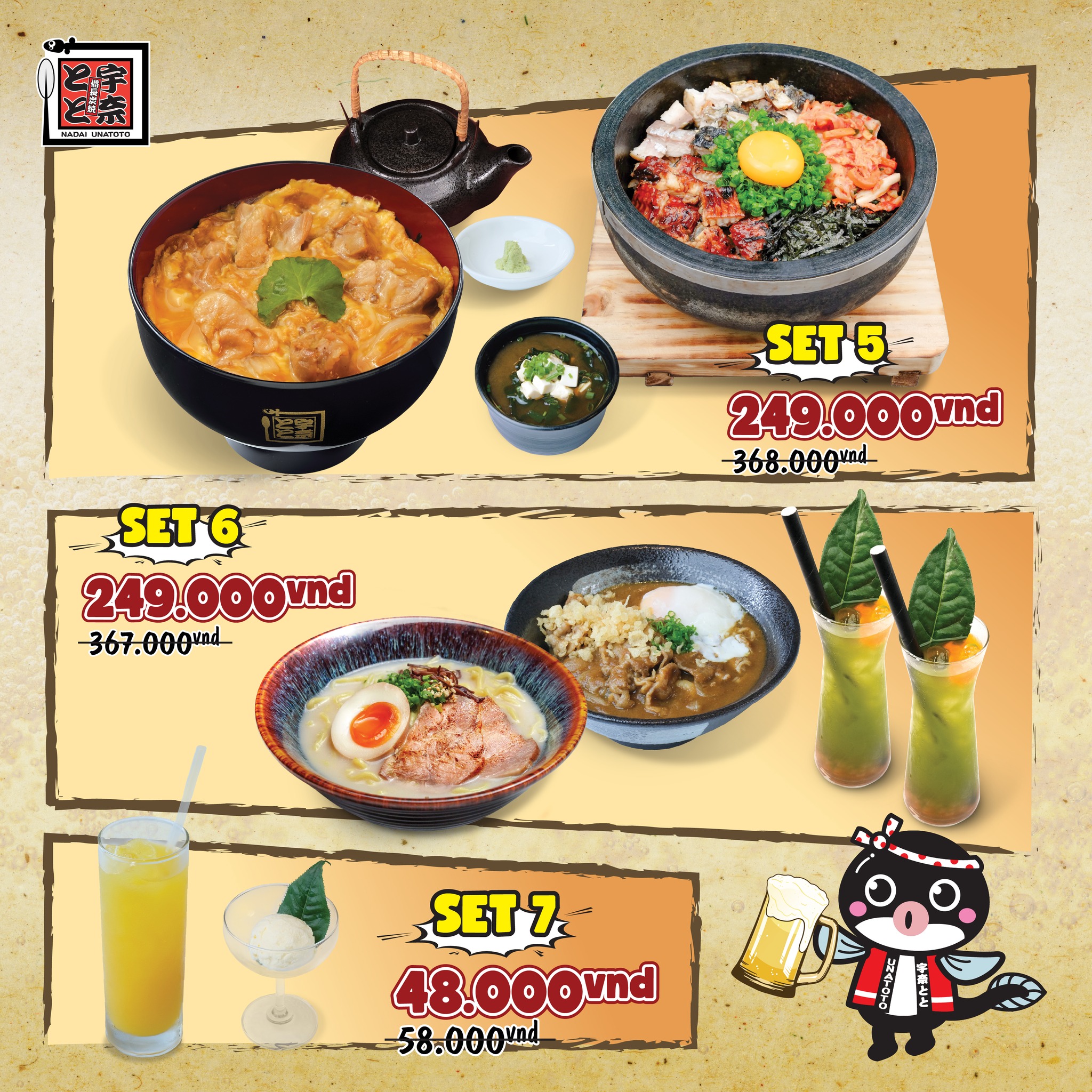 Set 5 và 6 (đồng giá 249.000 VNĐ) đặt tiệc sau giờ làm tại Unatoto và Set 7 (chỉ 48.000 VNĐ)